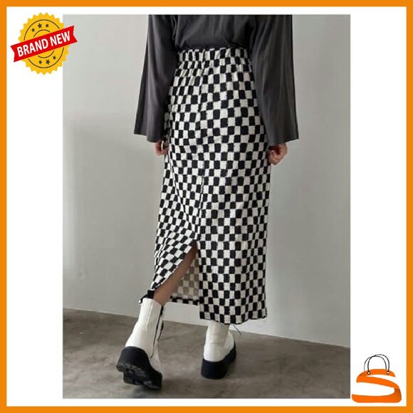 Elastic Waist Plaid Skirt Long Straight Slit Hem Women's - Picture 4 of 7